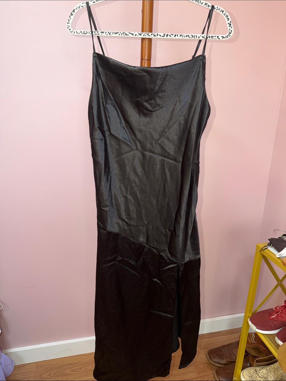 Pinch Black Satin Maxi Slip Dress with Spaghetti Straps